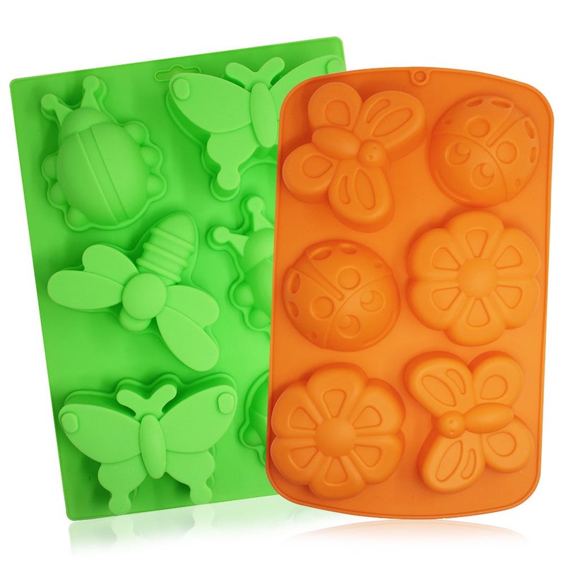 SENHAI 2 Pcs Insect shape Silicone Trays, SENHAI 6-Cavity 3D Dragonfly Butterfly Ladybug shape Cake Baking Molds, DIY Soap Handmade Muffin Biscuit Cookie Pans - Orange, Green - Image 1